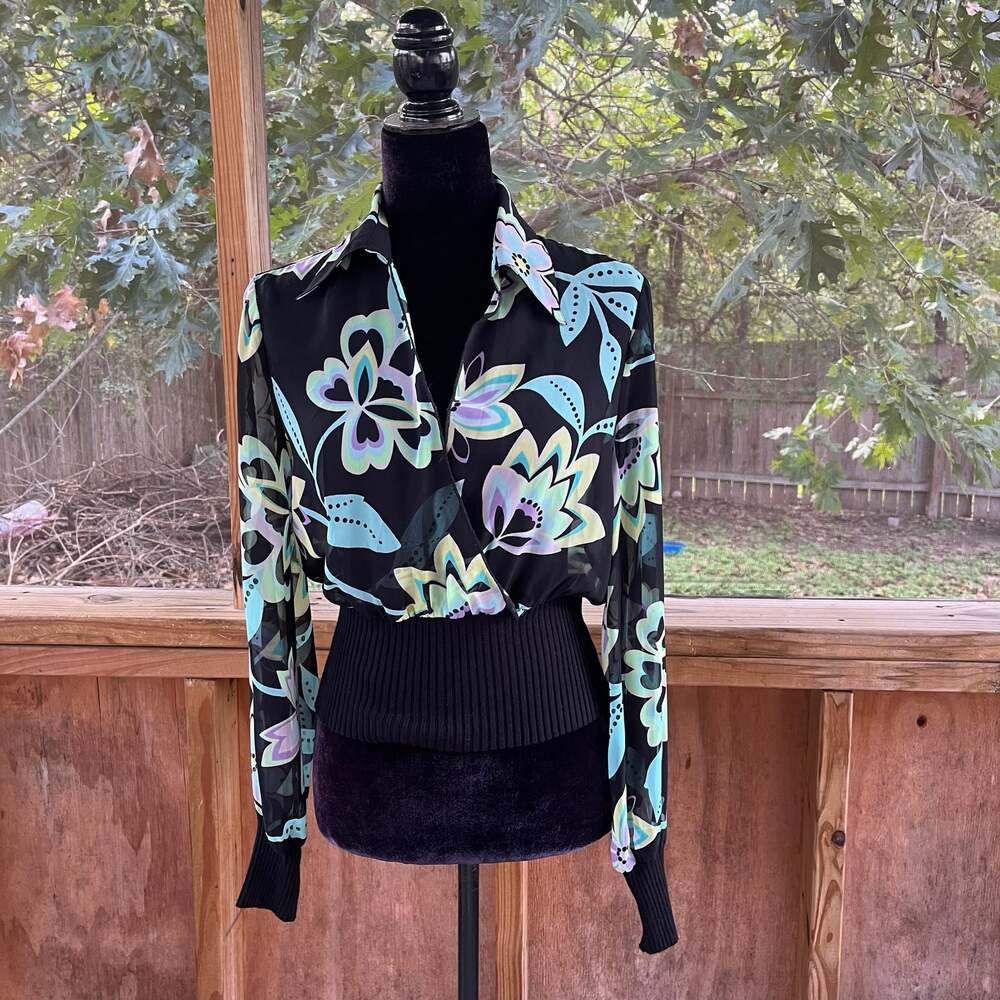 Bebe Women's Vintage Colorful Sheer Long Sleeve Top Size M